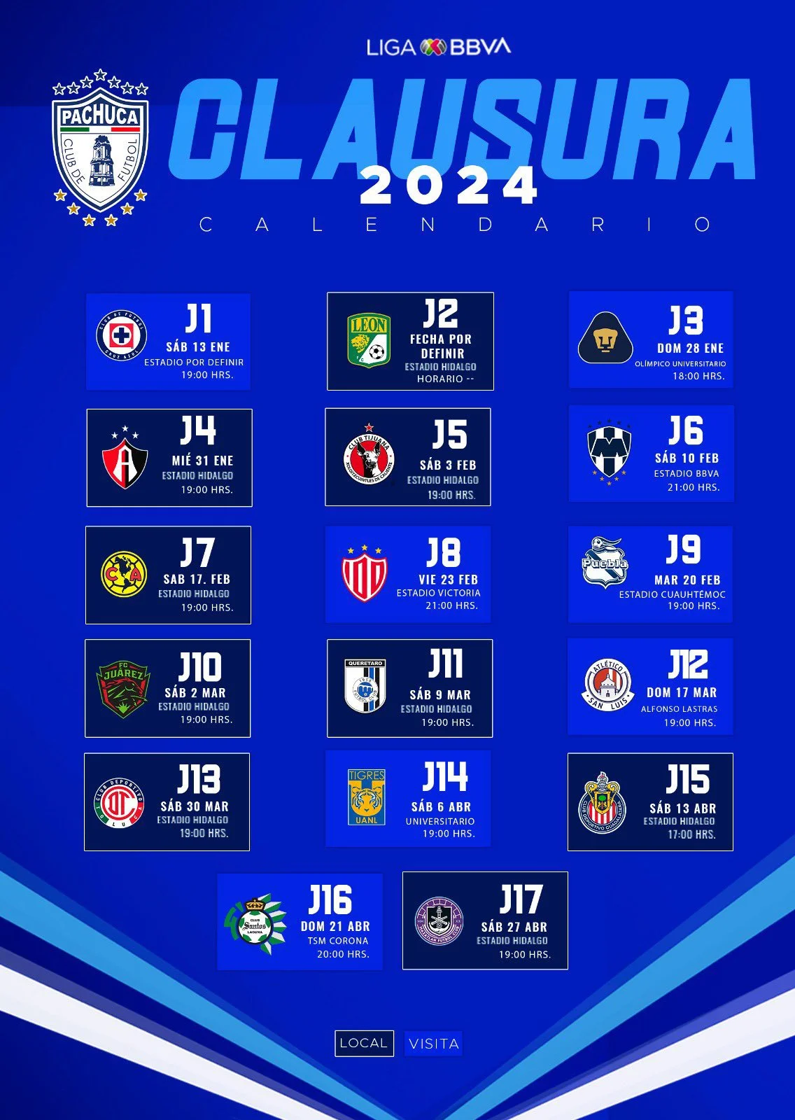 Calendario Tuzos del Pachuca Torneo Clausura 2024
